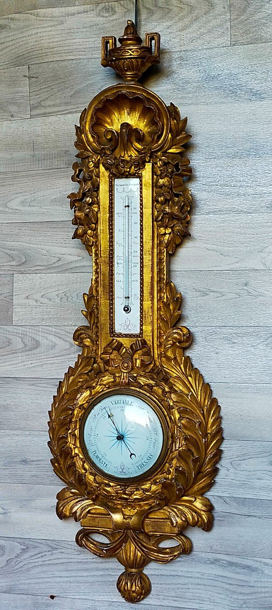 Large Louis XVI Golden Wood Barometer Thermometer 