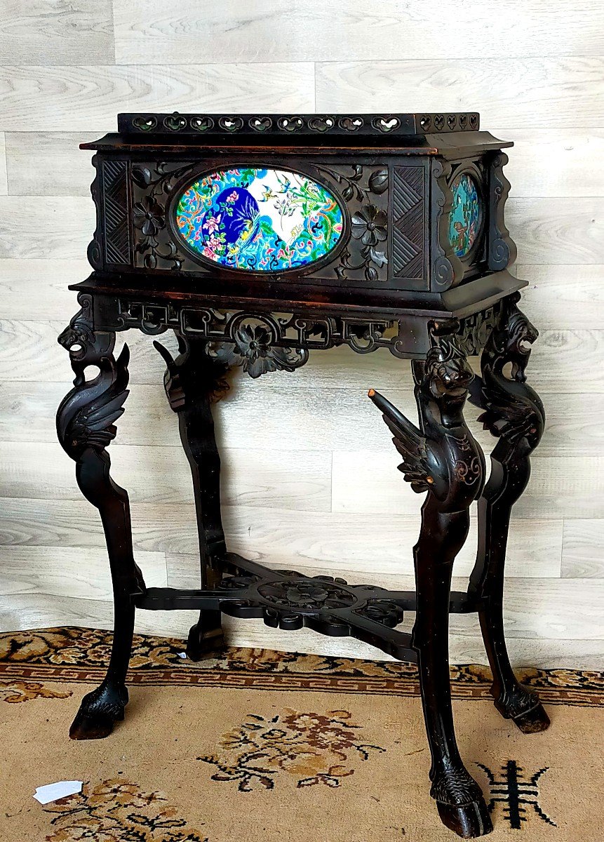 Planter With Napoleon III Dragons With Plate In Longwy Or Bordeaux Enamels 