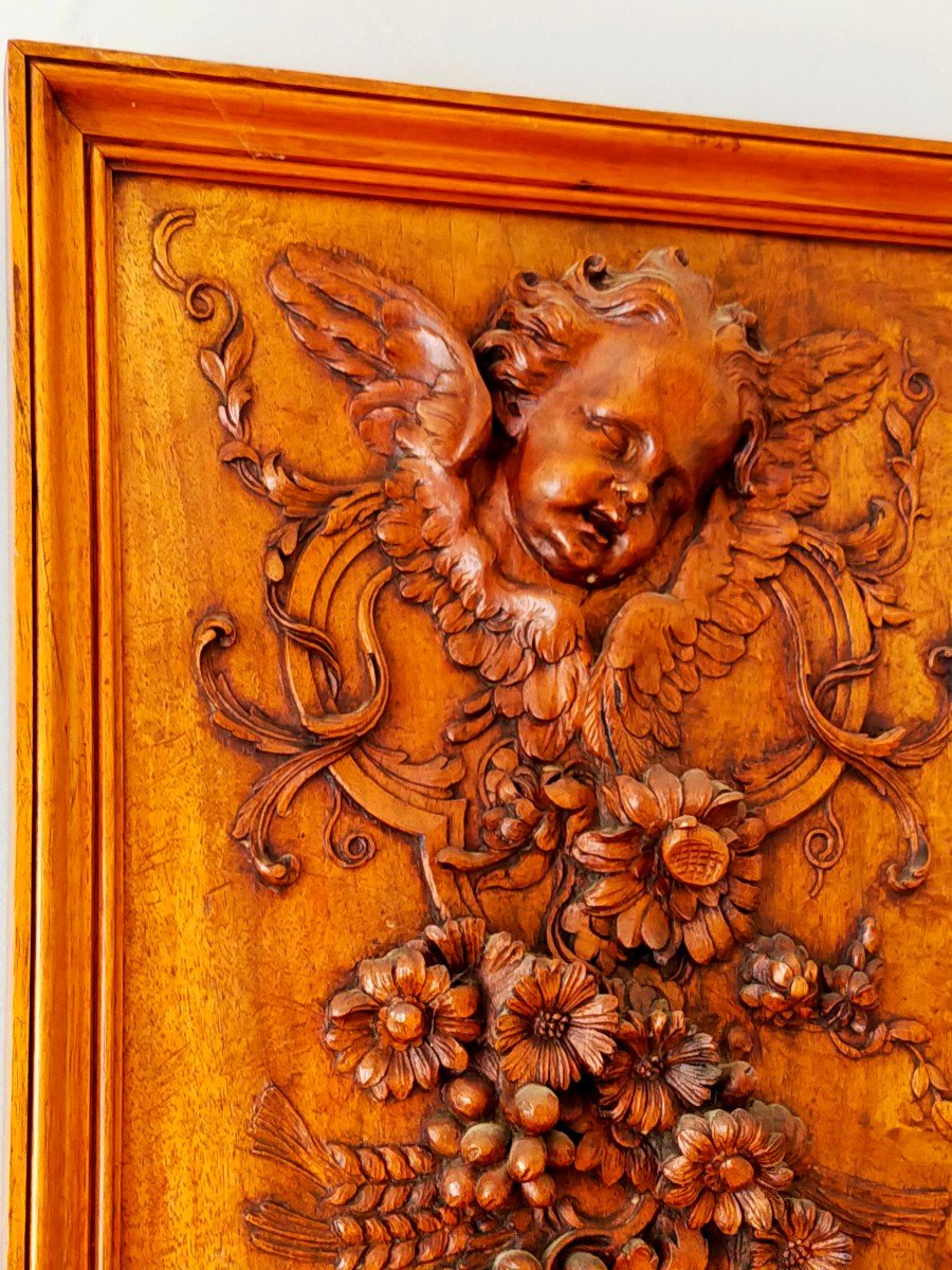 Carved Wood Panel Decor Angel And Flower Garland -photo-3