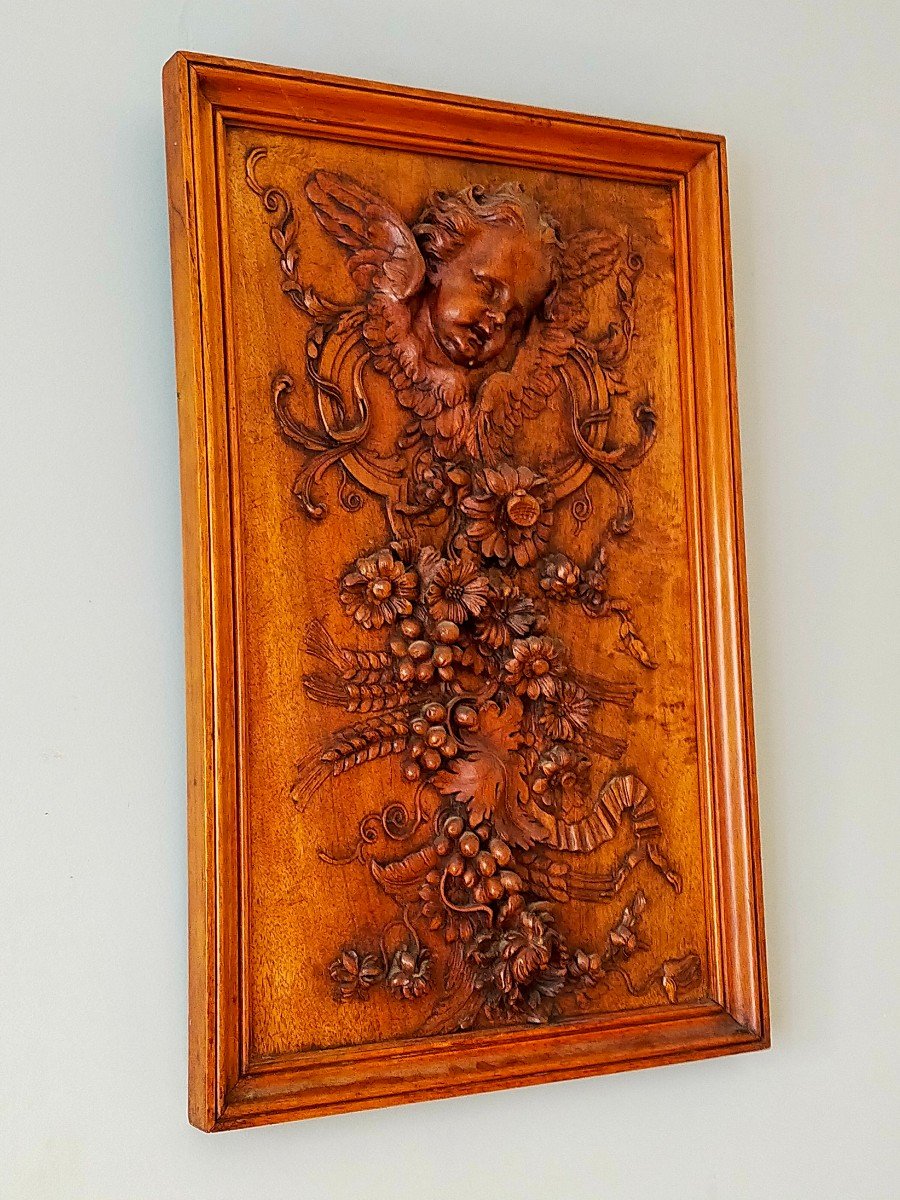 Carved Wood Panel Decor Angel And Flower Garland -photo-4