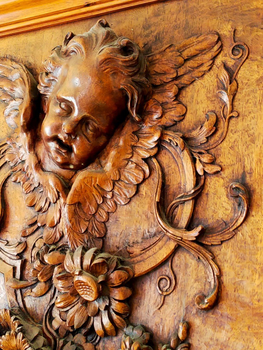 Carved Wood Panel Decor Angel And Flower Garland -photo-1