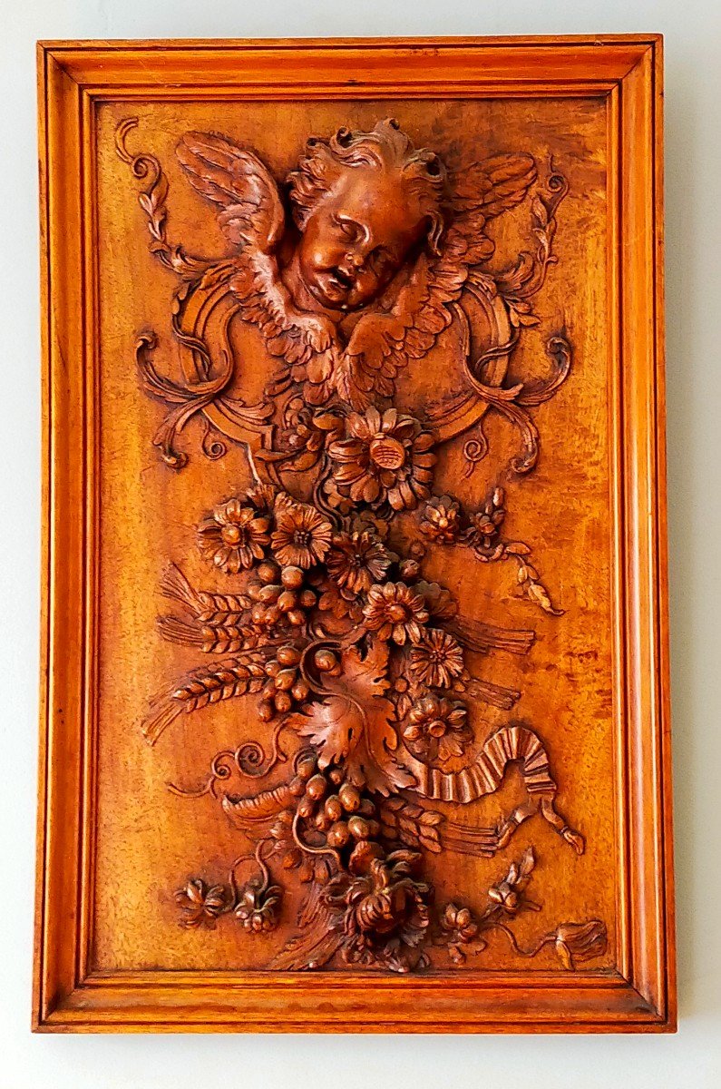 Carved Wood Panel Decor Angel And Flower Garland 