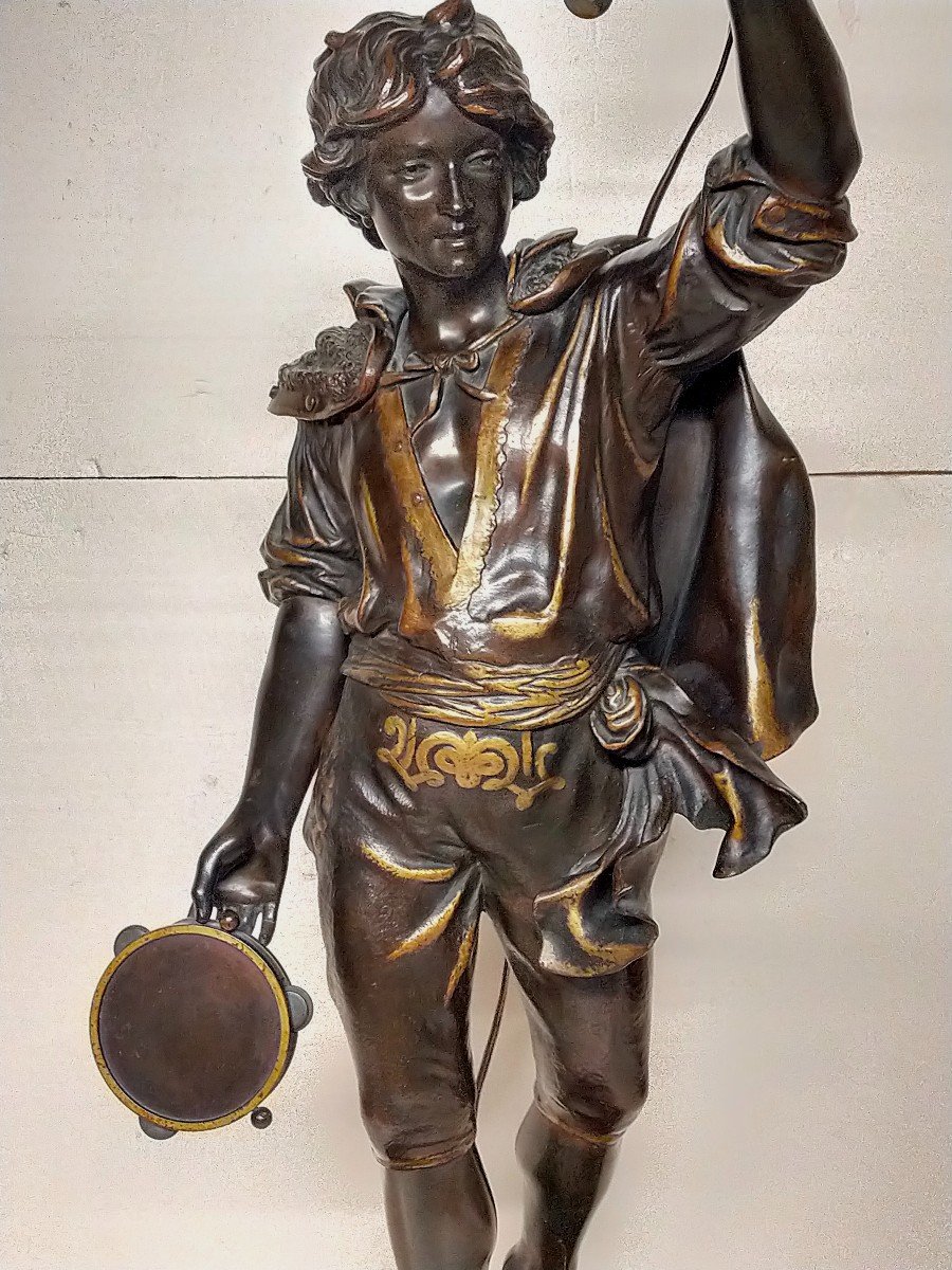 Grand Bronze 91cm Jean Didier Debut (1824-1893) Le Musicien Joueur De Tambourin Et castagnettes-photo-3