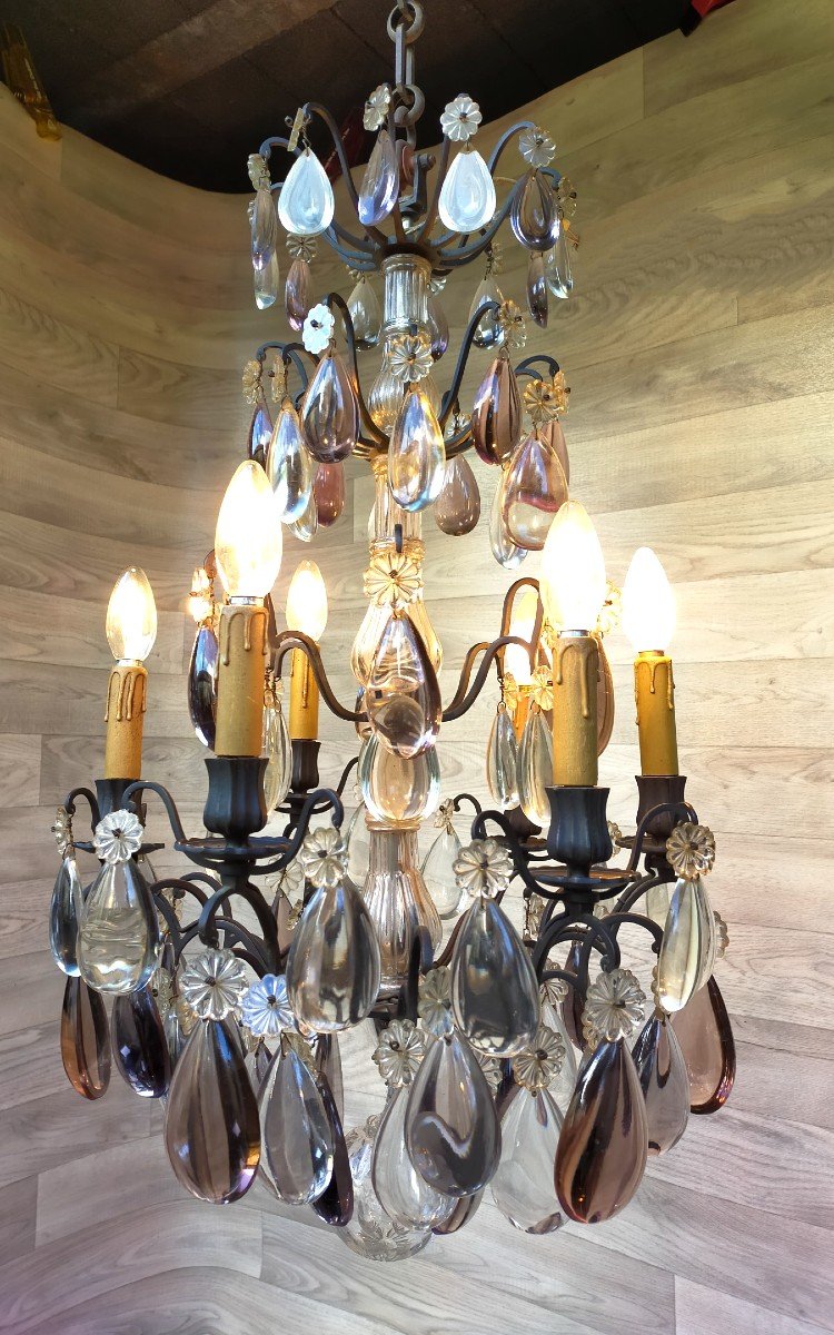 Lustre Pampilles De Couleur Et Monture Bronze 