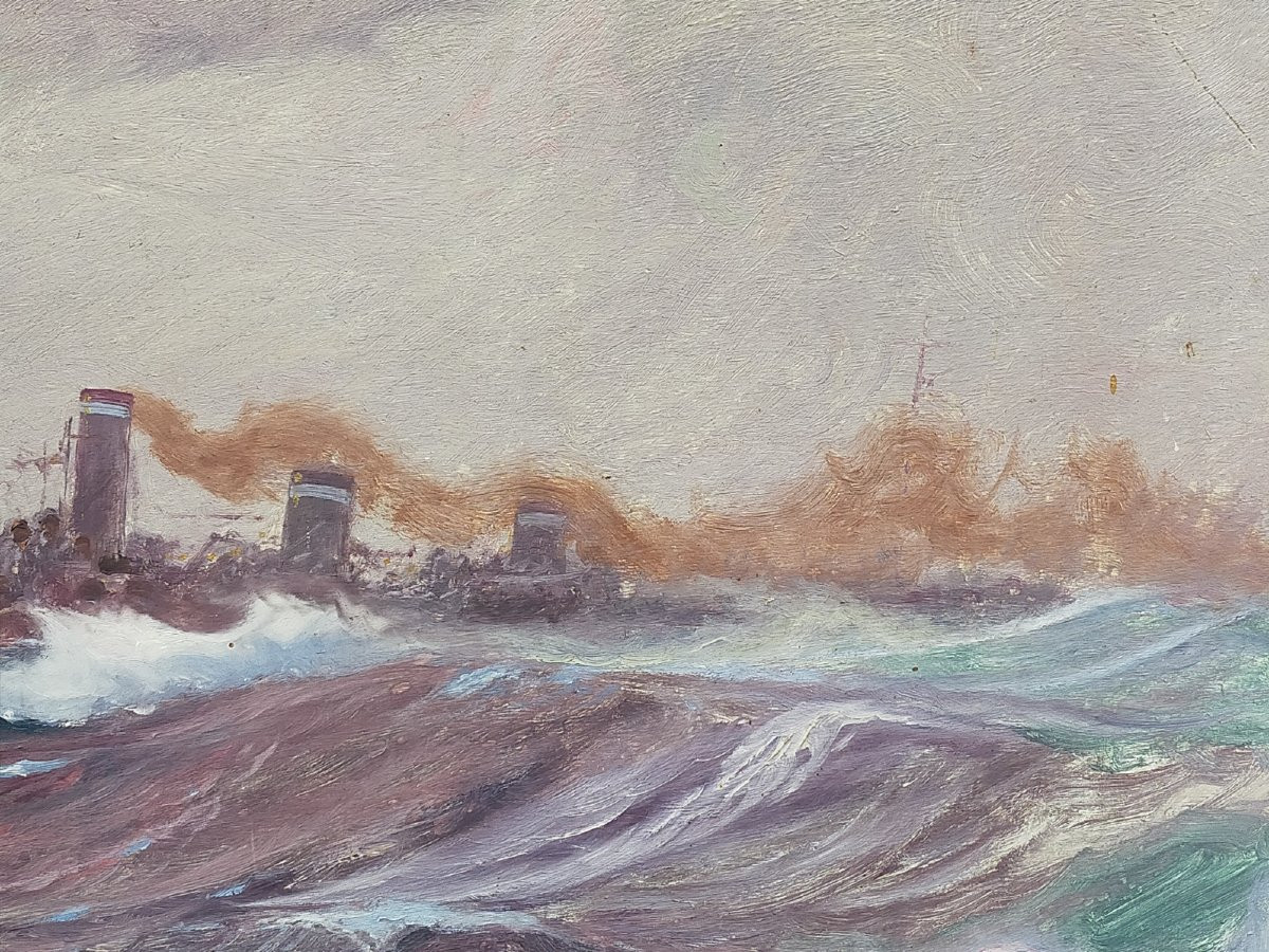 Jean Louis Paguenaud Warship On A Rough Sea Marine Painter  -photo-1