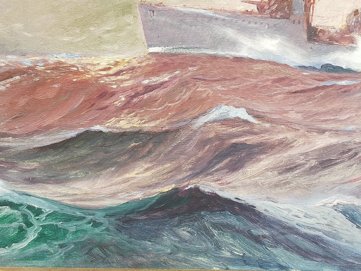 Jean Louis Paguenaud Warship On A Rough Sea Marine Painter  -photo-2