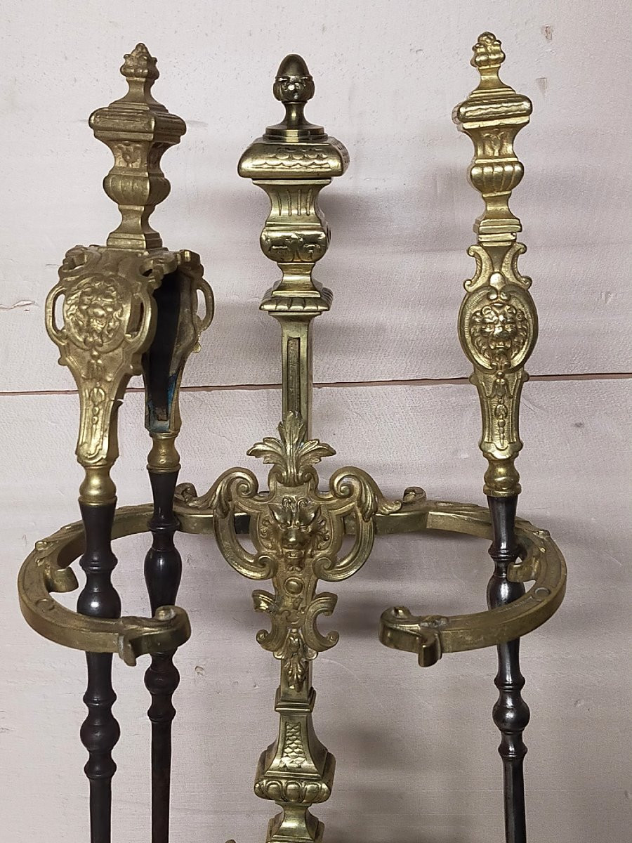 Napoleon III Gilt Bronze Castle Fireplace Set With Shovel And Tongs -photo-2