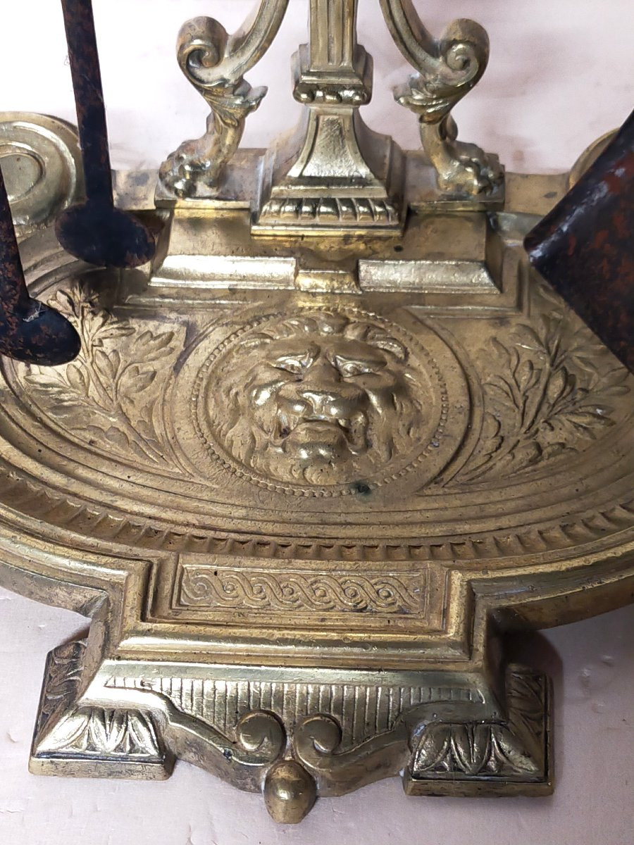 Napoleon III Gilt Bronze Castle Fireplace Set With Shovel And Tongs -photo-2