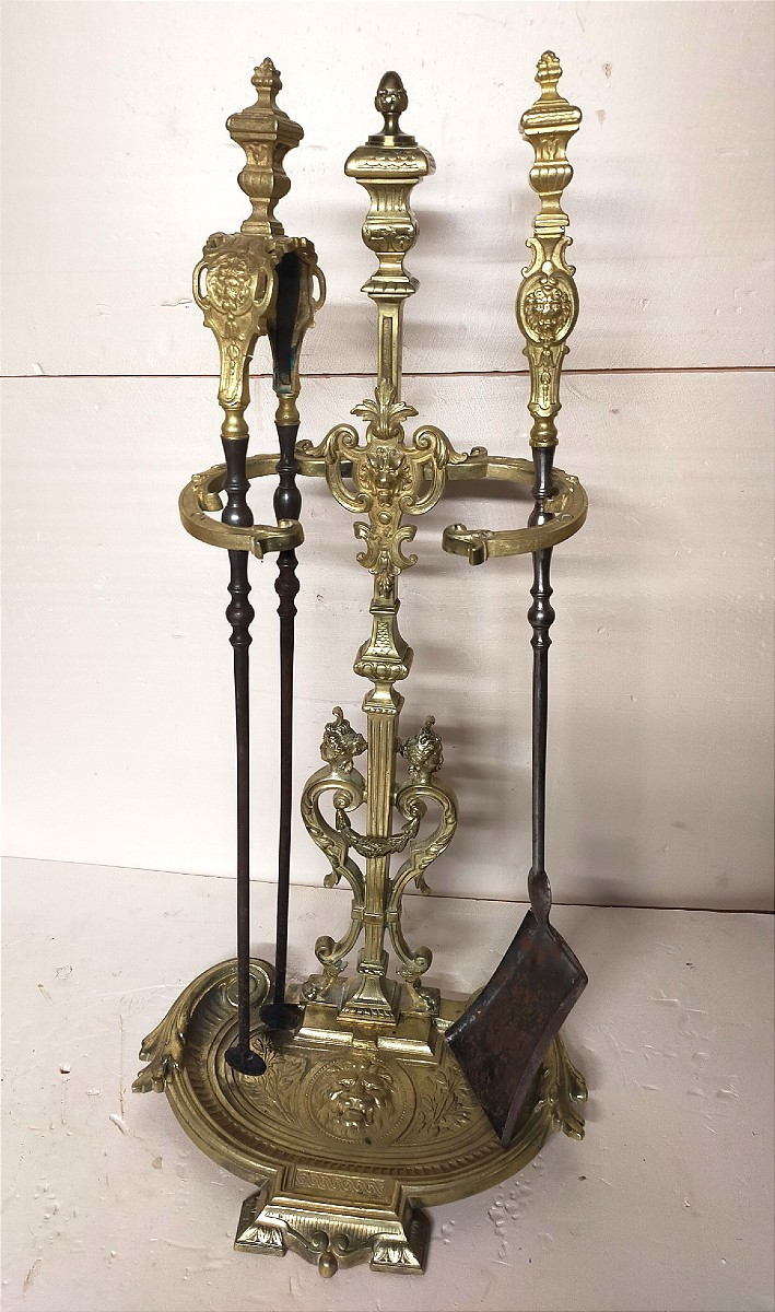 Napoleon III Gilt Bronze Castle Fireplace Set With Shovel And Tongs 