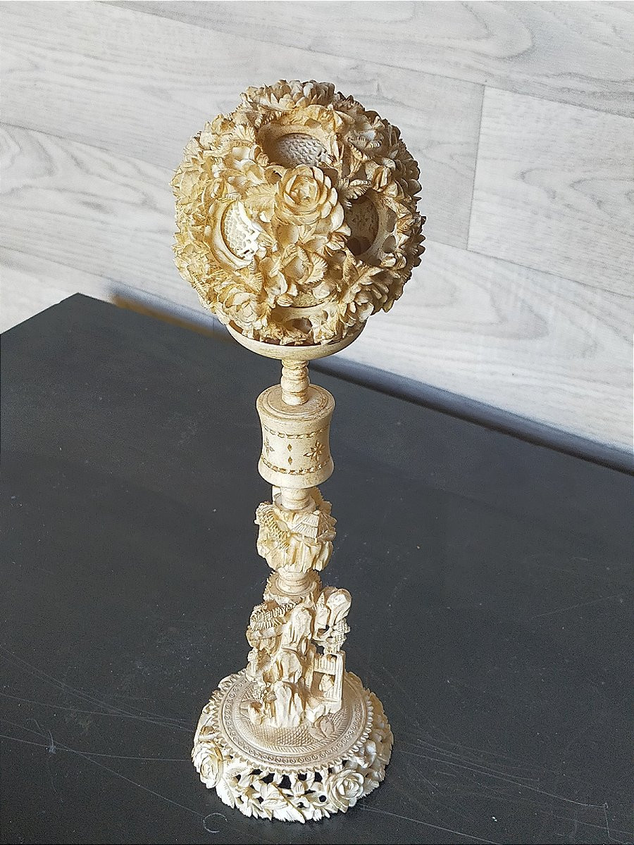 Grande Boule De Canton En Ivoire Avec Son Socle -photo-4