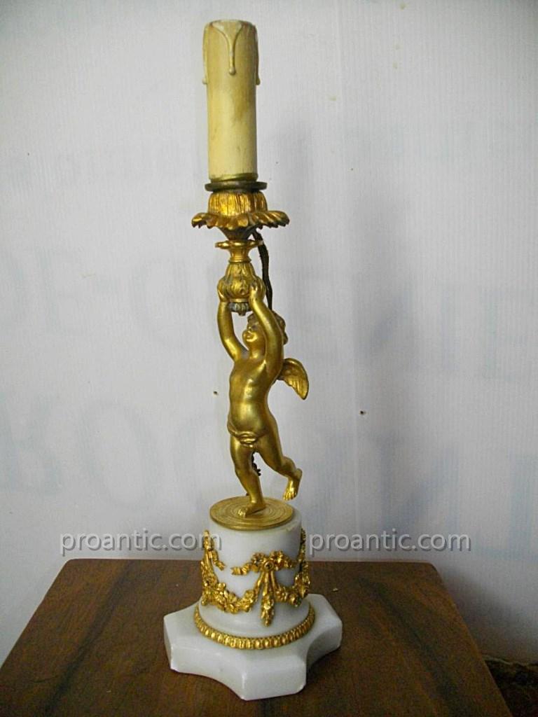 Bougeoir Lampe Angelot Bronze Dor&eacute; Socle Marbre XIX&egrave;me
