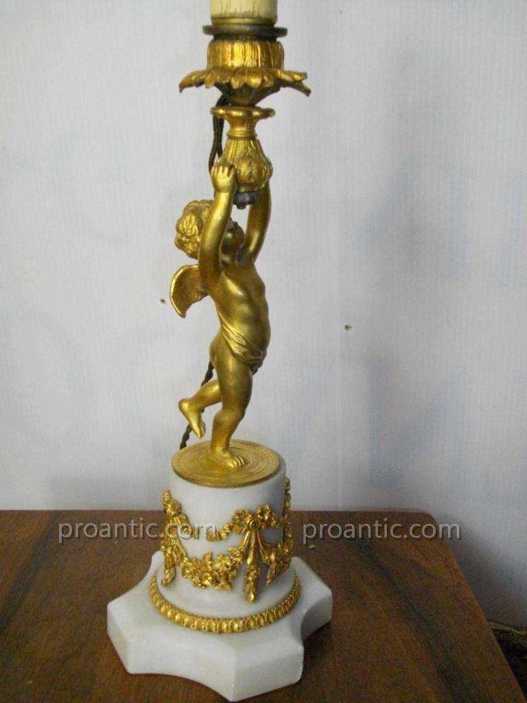 Candlestick Lamp Gilded Bronze Cherub Marble Base XIX-photo-3