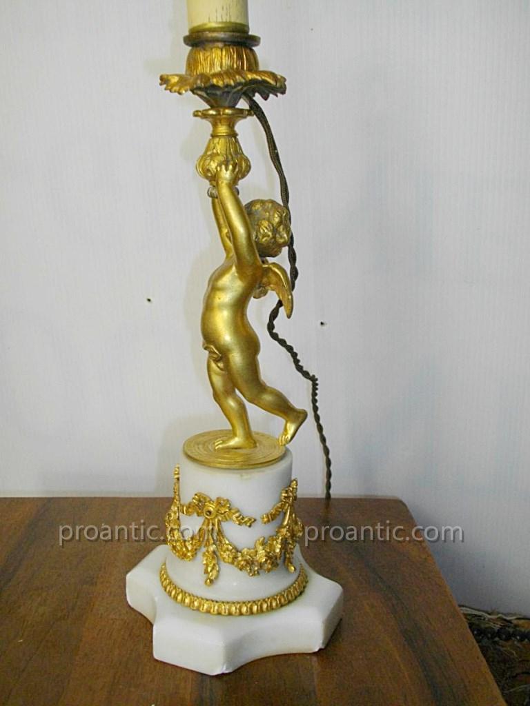 Candlestick Lamp Gilded Bronze Cherub Marble Base XIX-photo-4