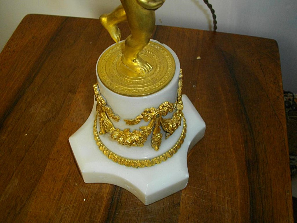 Bougeoir Lampe Angelot Bronze Dor&eacute; Socle Marbre XIX&egrave;me-photo-2