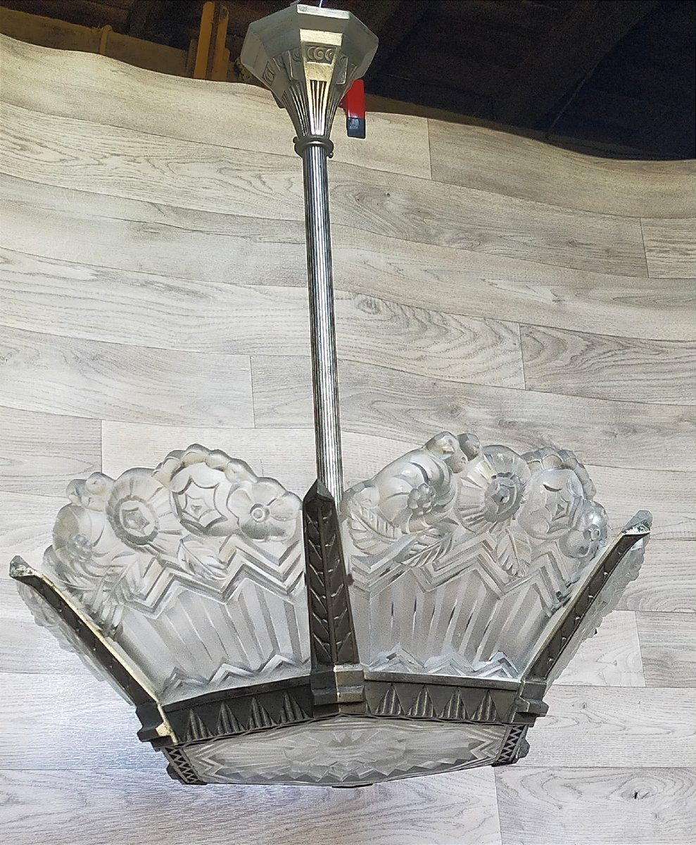 Chandelier With Art Deco Noverdy Plates And Silvered Bronze (muller Daum Degué..)-photo-2