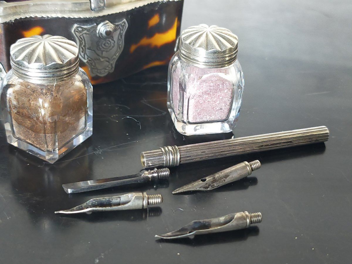 Encrier de voyage en &eacute;caille marqueterie boulle -photo-2