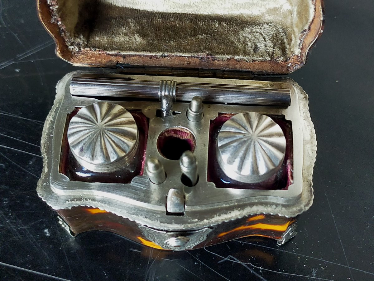 Encrier de voyage en &eacute;caille marqueterie boulle -photo-4