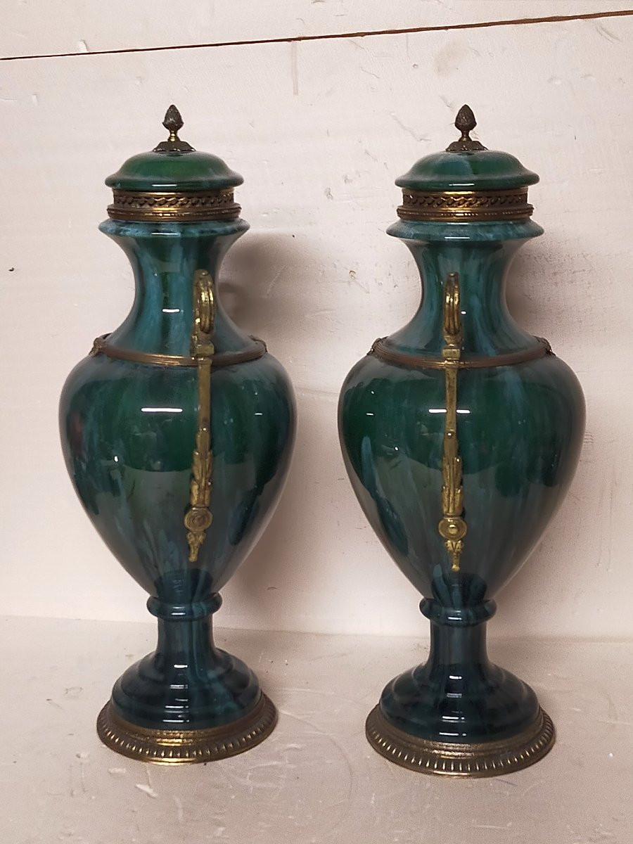 Paire de pots couverts monture bronze (vases sevres cassolettes)-photo-4