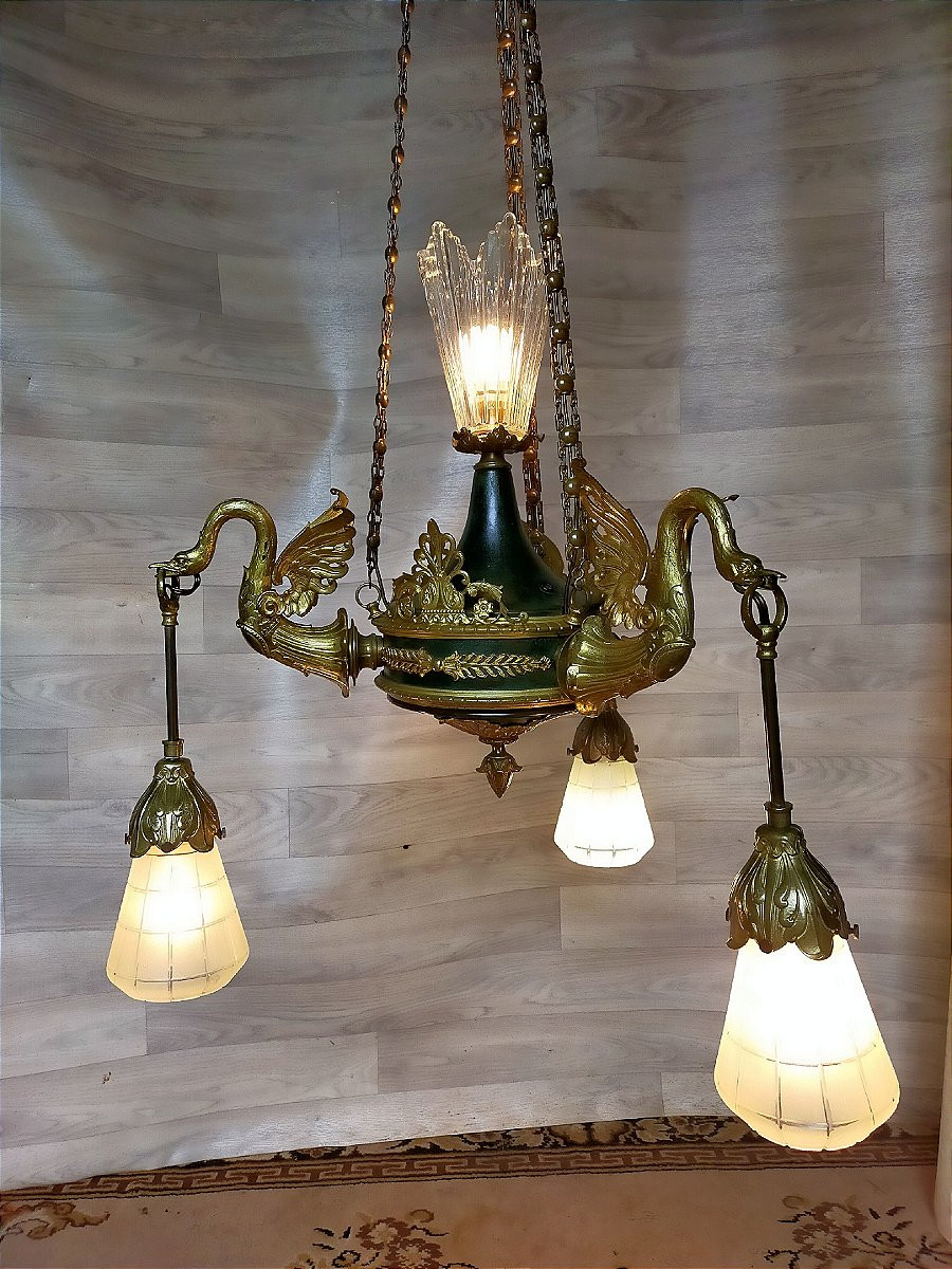 lustre empire aux cygnes en bronze dor&eacute;-photo-3