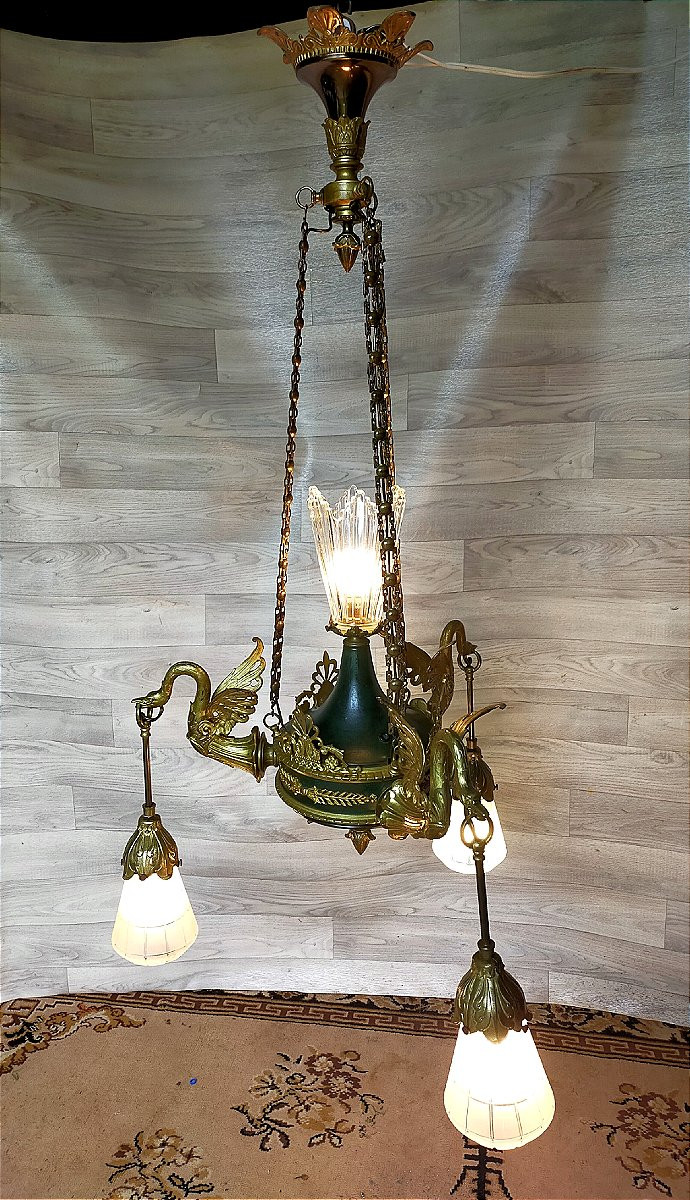 lustre empire aux cygnes en bronze dor&eacute;-photo-4