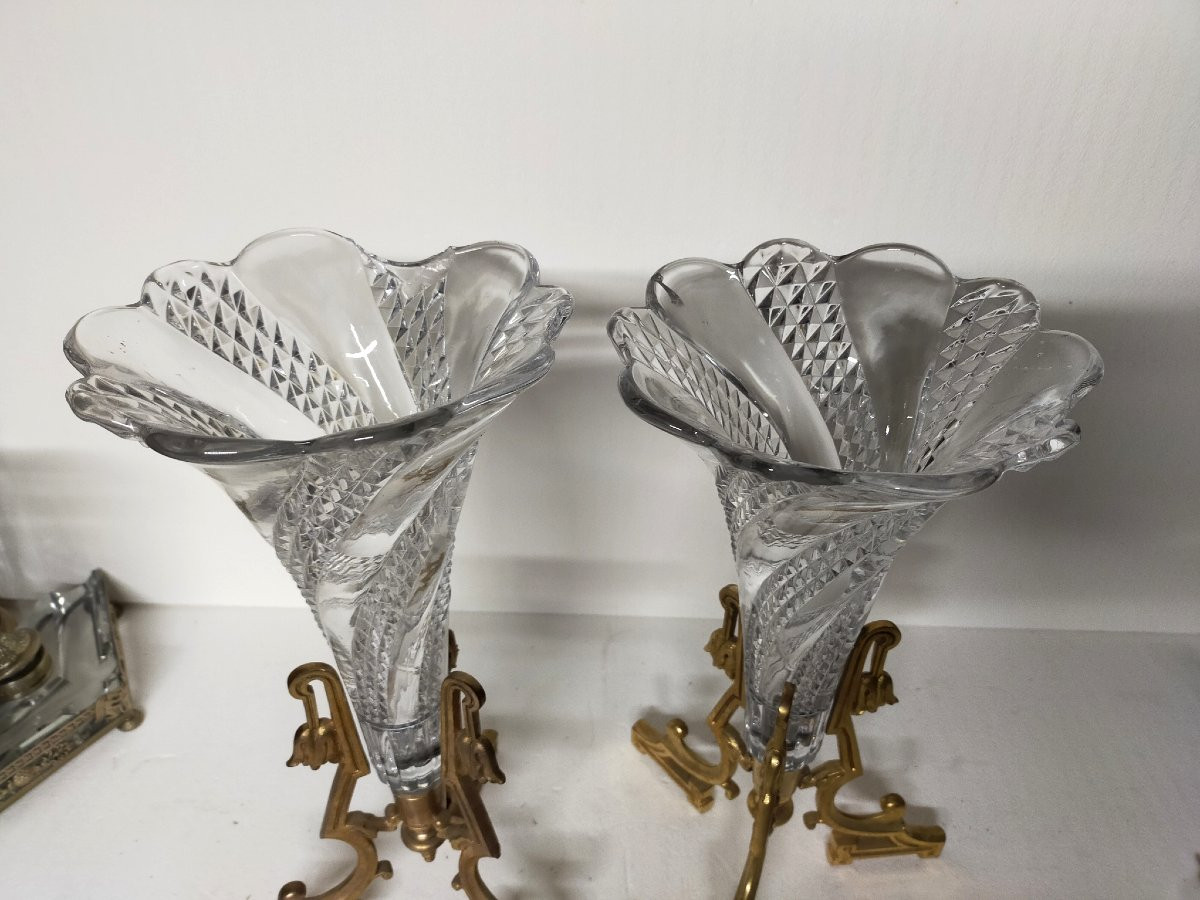 Baccarat Pair Of Art Nouveau Crystal And Bronze Soliflore Vases-photo-5