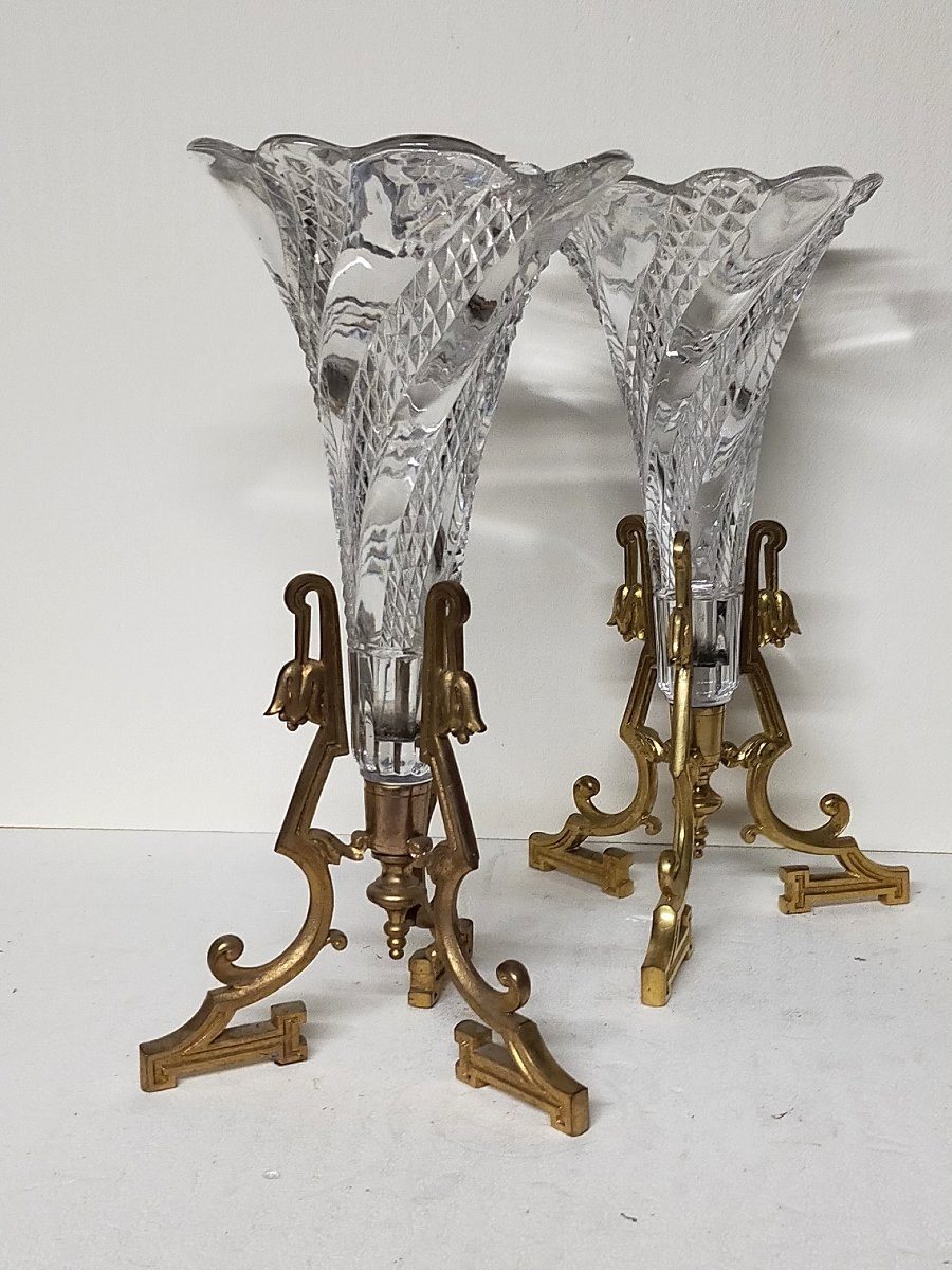 Baccarat Pair Of Art Nouveau Crystal And Bronze Soliflore Vases-photo-7