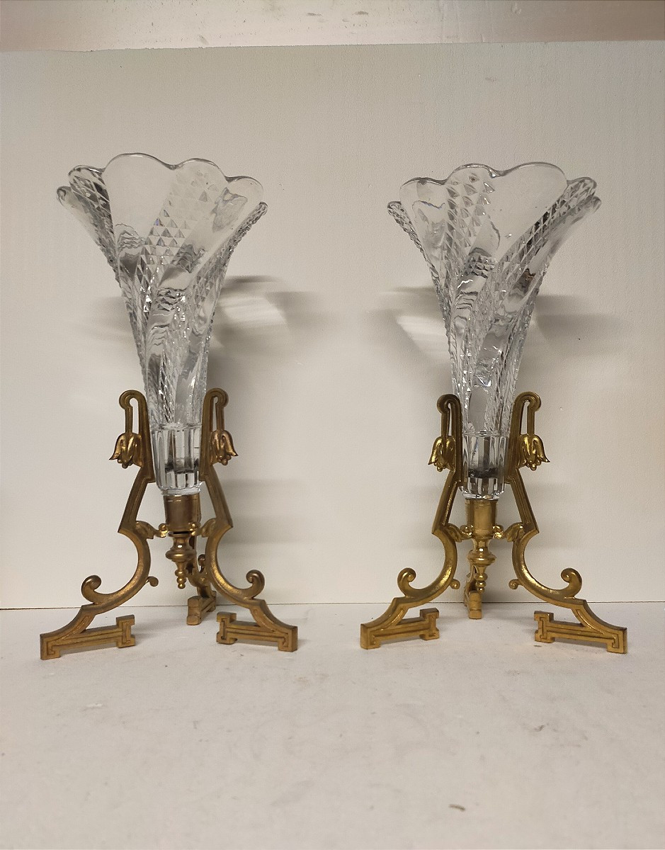 Baccarat Pair Of Art Nouveau Crystal And Bronze Soliflore Vases