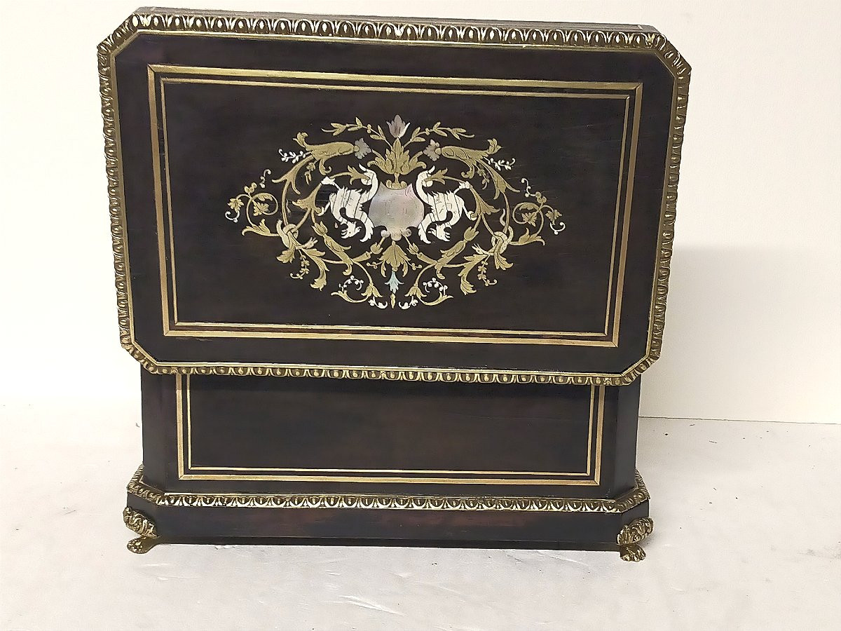 Grand coffret boulle napoléon III incustation d'ivoire et nacre  (boite coffre )-photo-1