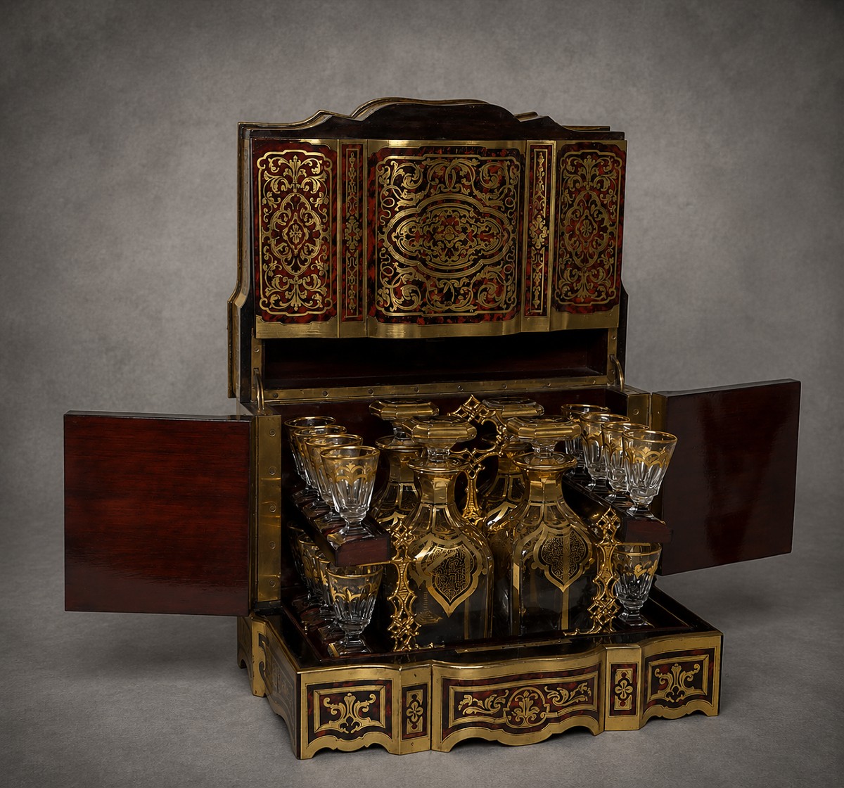 Tahan cave a liqueur en marqueterie boulle et cristal de baccarat -photo-8