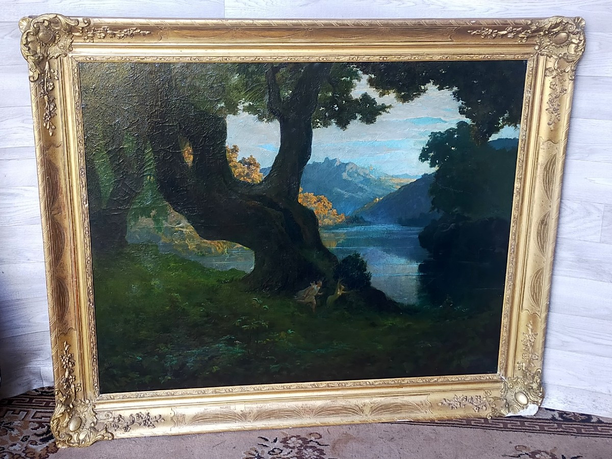 Alfred Plauzeau (1875-1918) Appolon et Daphn&eacute; tableau mythologique 