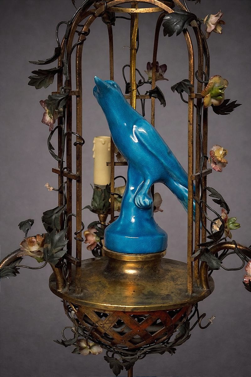 Porcelain Flower Cage Chandelier With Bird And Bronze Mount -photo-3