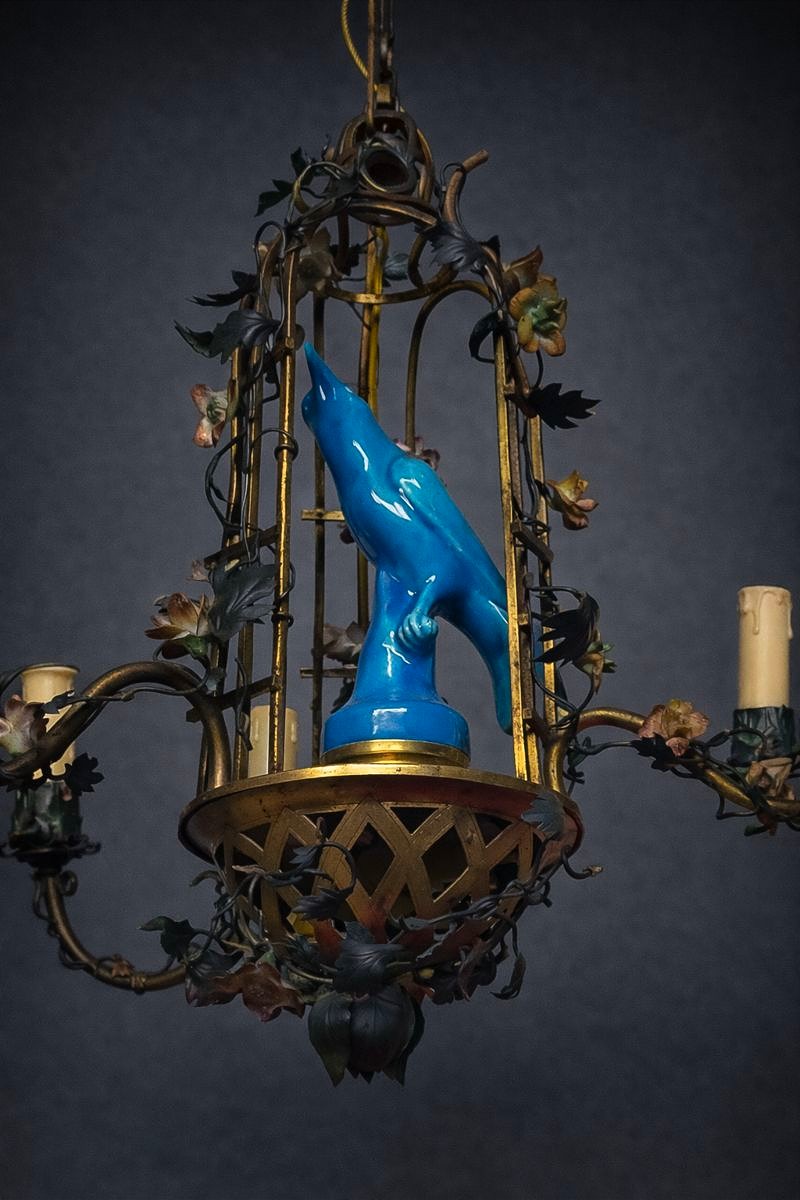 Porcelain Flower Cage Chandelier With Bird And Bronze Mount -photo-1