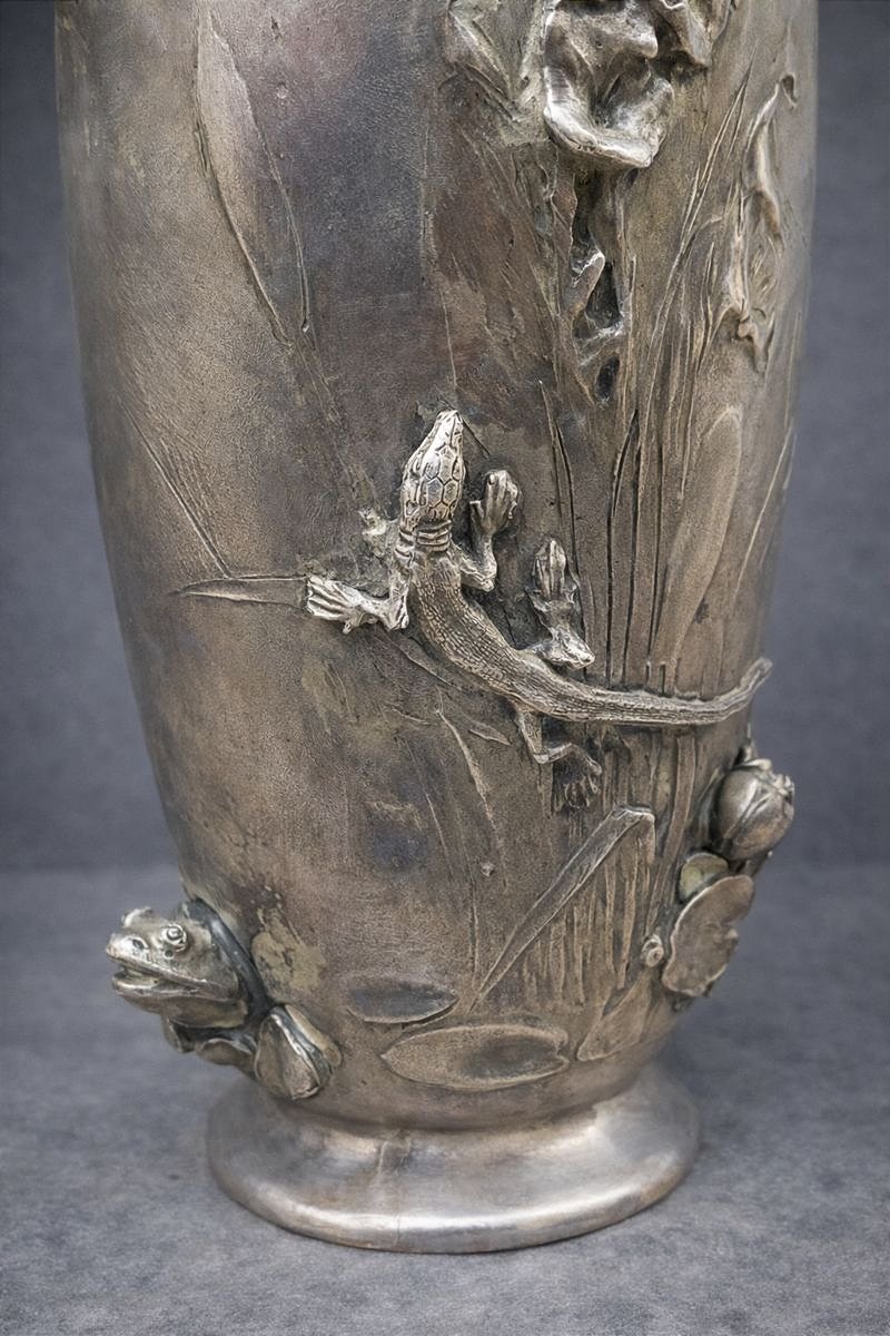 Vases et Jardini&egrave;re Aux Grenouilles et L&eacute;zard Art Nouveau Sign&eacute; Garnier-photo-2