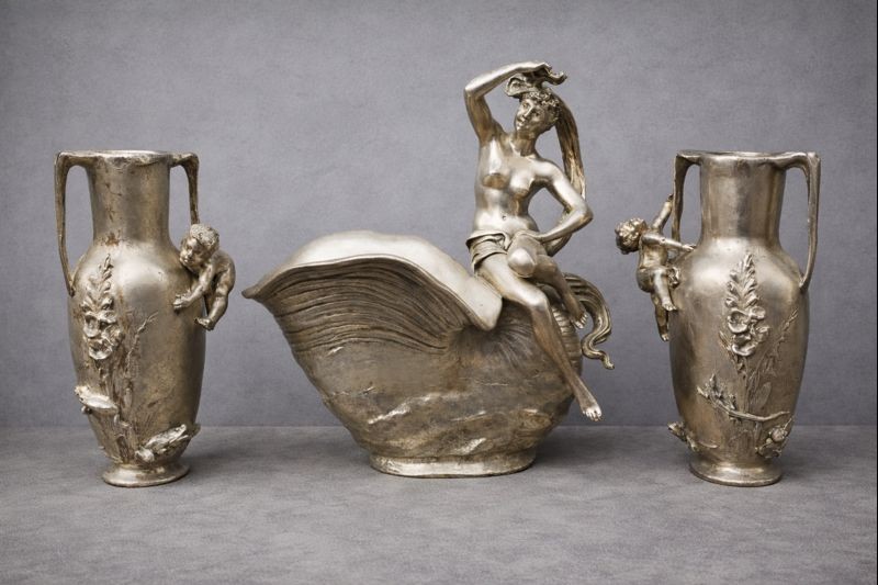 Vases et Jardini&egrave;re Aux Grenouilles et L&eacute;zard Art Nouveau Sign&eacute; Garnier