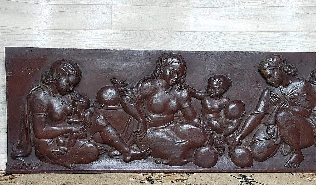 Grand panneau scène de vie malgache  P. Andrianjaka,  (Madagascar Tananarive Ramanda Ratova.. )-photo-2