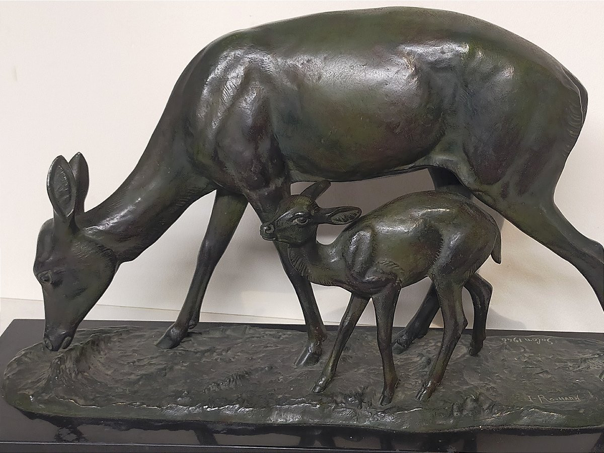 Bronze Ir&eacute;n&eacute;e Rochard (1906/1984) art d&eacute;co la biche et son faon salon 1946-photo-2