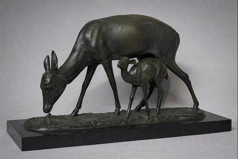 Bronze Ir&eacute;n&eacute;e Rochard (1906/1984) art d&eacute;co la biche et son faon salon 1946-photo-4