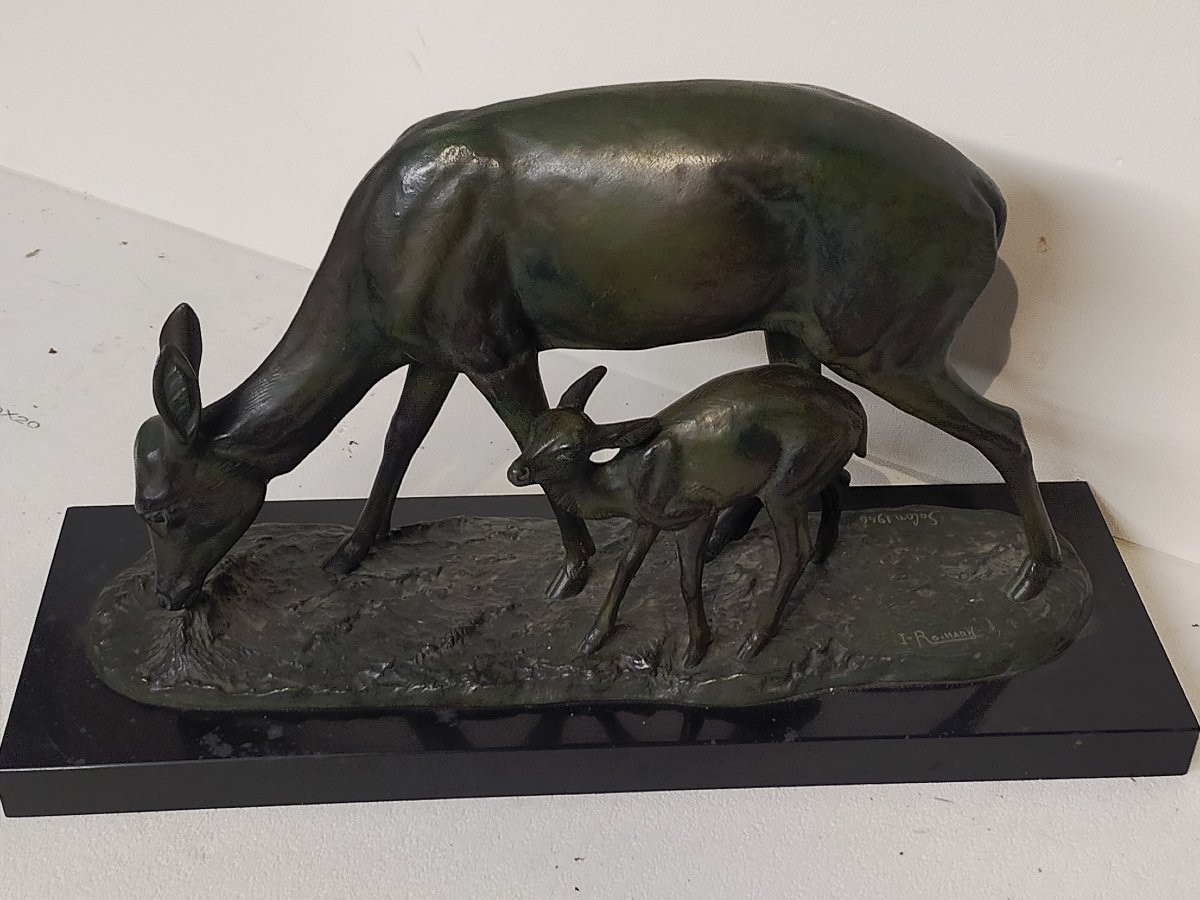 Bronze Ir&eacute;n&eacute;e Rochard (1906/1984) art d&eacute;co la biche et son faon salon 1946-photo-3