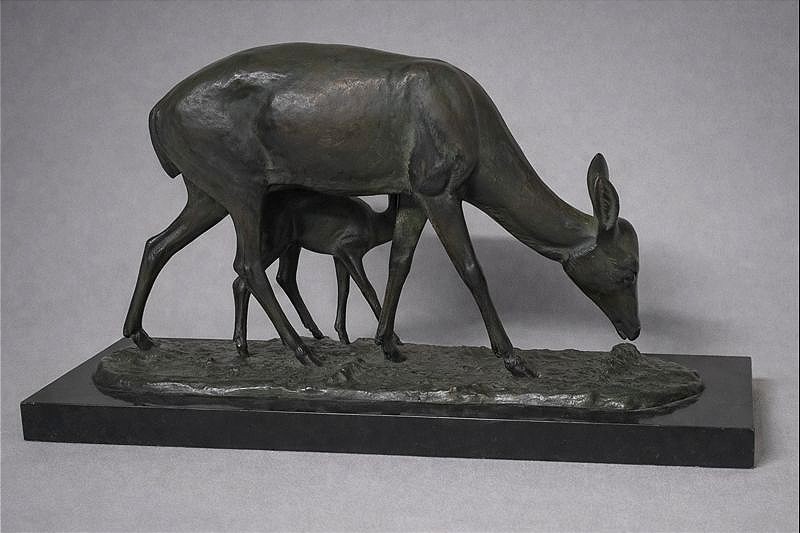 Bronze Ir&eacute;n&eacute;e Rochard (1906/1984) art d&eacute;co la biche et son faon salon 1946-photo-2