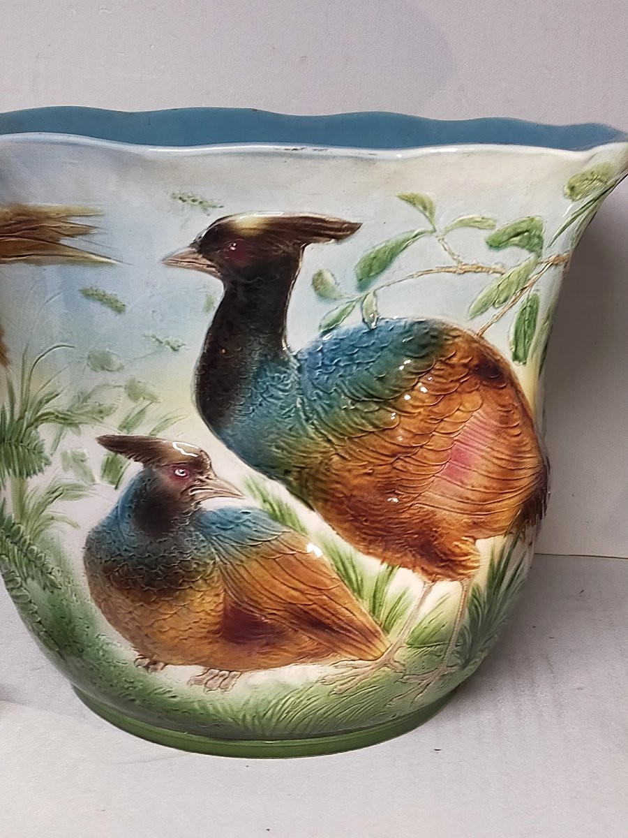 Paire  de jardinières 50cm cache pots Sarreguemines majolica aux faisans -photo-4