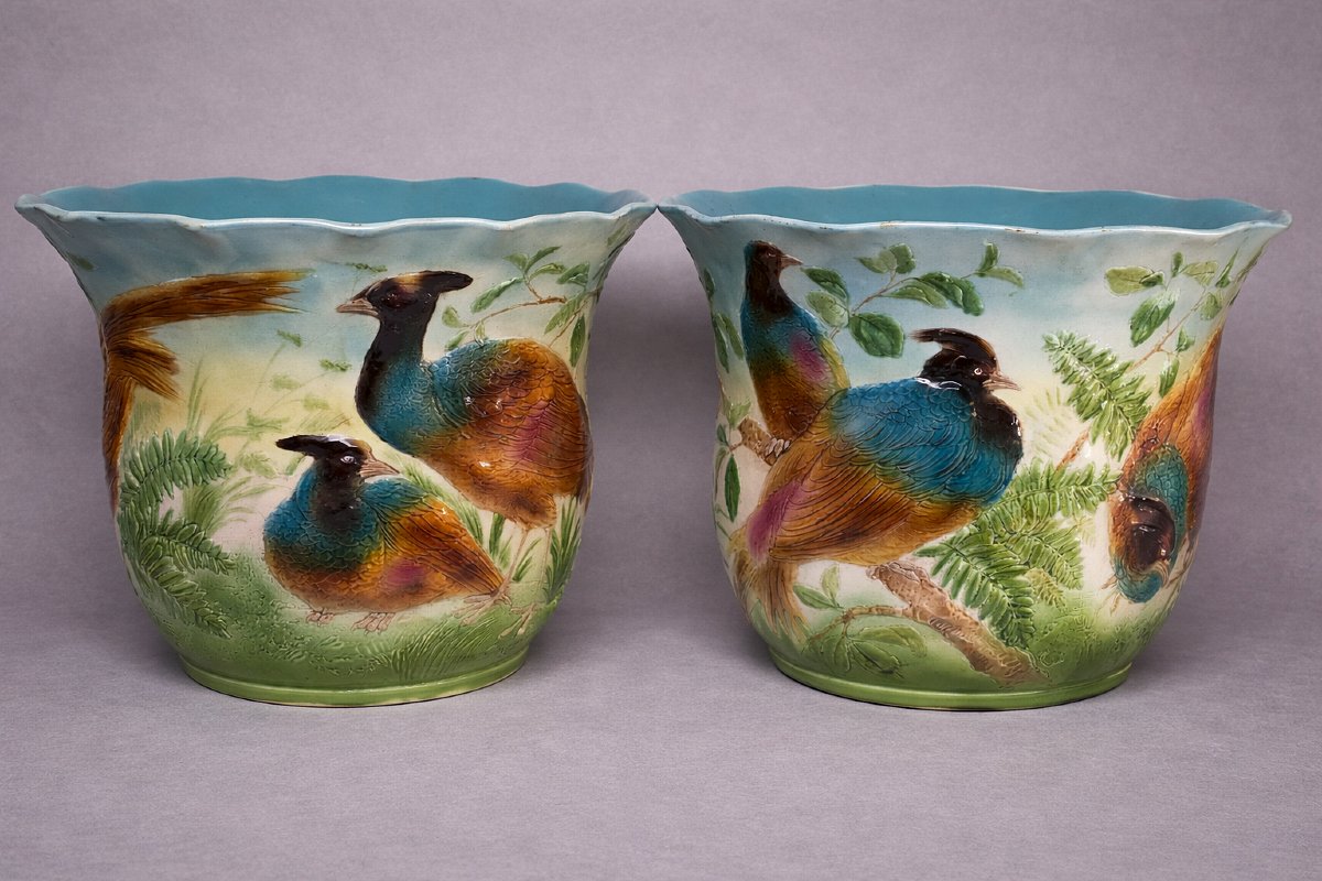 Paire  de jardinières 50cm cache pots Sarreguemines majolica aux faisans -photo-1