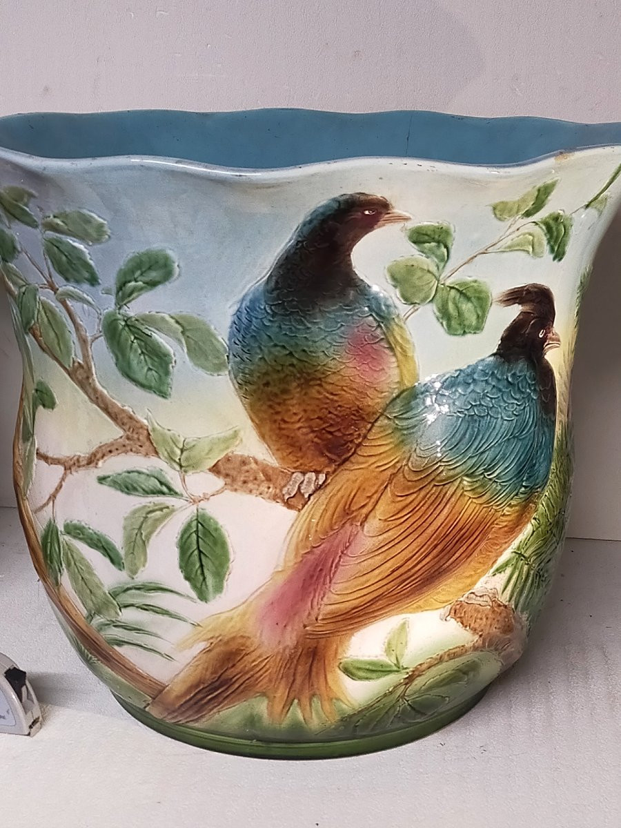 Paire  de jardinières 50cm cache pots Sarreguemines majolica aux faisans -photo-2