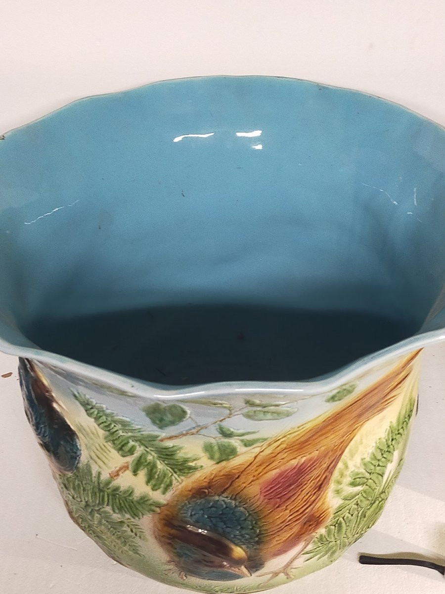 Paire  de jardinières 50cm cache pots Sarreguemines majolica aux faisans -photo-4