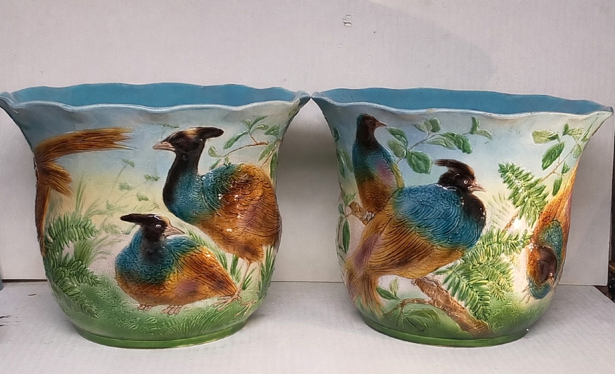 Paire  de jardinières 50cm cache pots Sarreguemines majolica aux faisans 