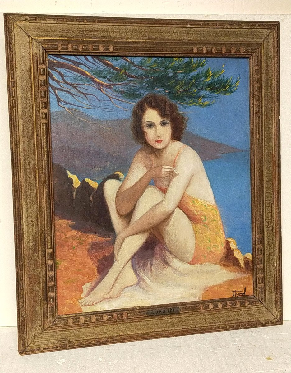 Jean Jannel Jeune femme A La Cigarette assise au paysage méditerranéen vers 1920 art déco-photo-2