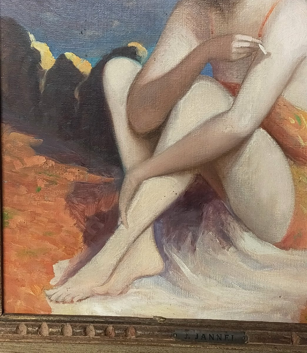 Jean Jannel Jeune femme A La Cigarette assise au paysage méditerranéen vers 1920 art déco-photo-4