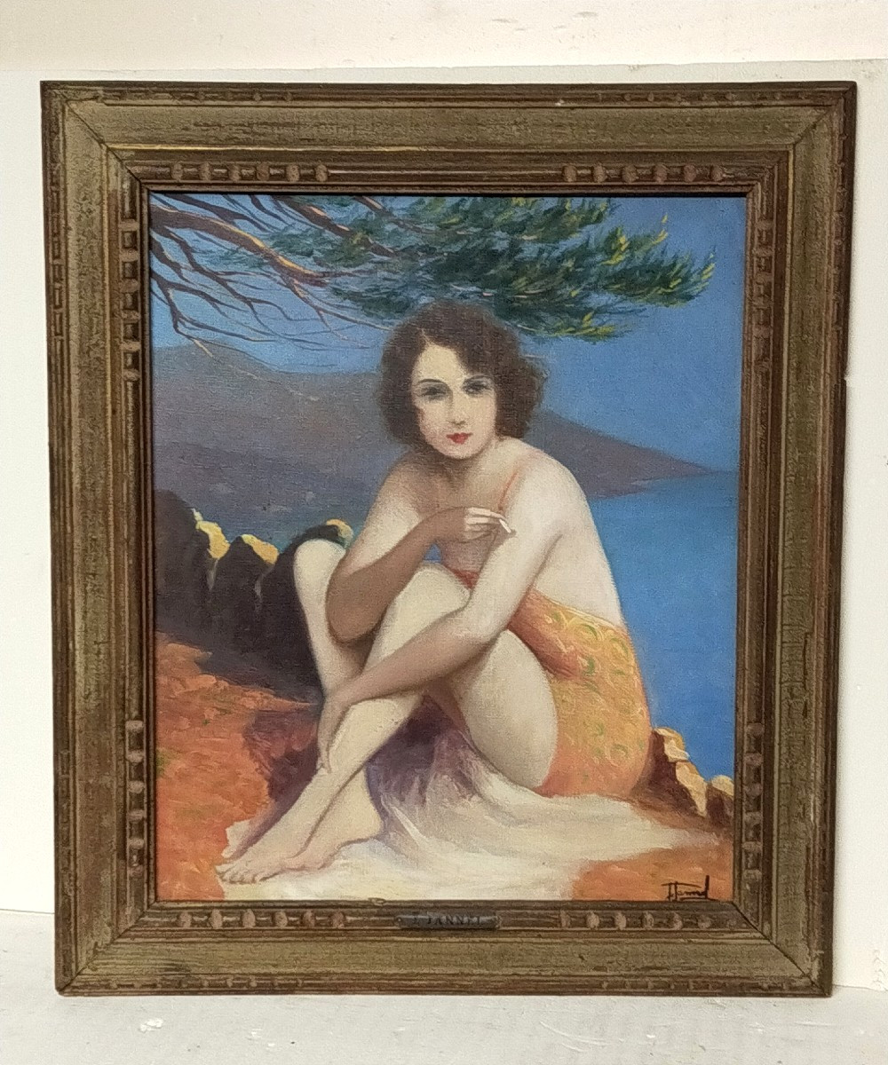 Jean Jannel Jeune femme A La Cigarette assise au paysage méditerranéen vers 1920 art déco