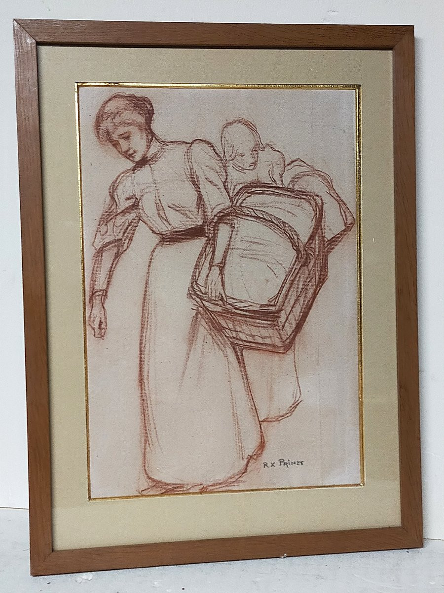 René Xavier François Prinet (1861-1946) Red Chalk Drawing Of A Young Woman With A Basket -photo-3
