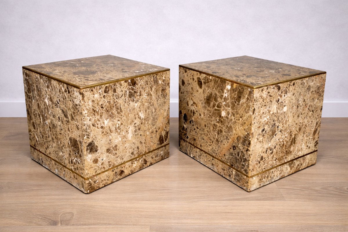 Pair Of Marble Side Tables With Bronze Trim