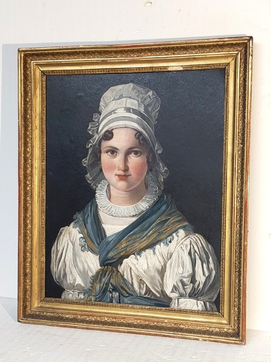 Portrait de jeune femme – Huile sur panneau – Époque Empire-photo-1